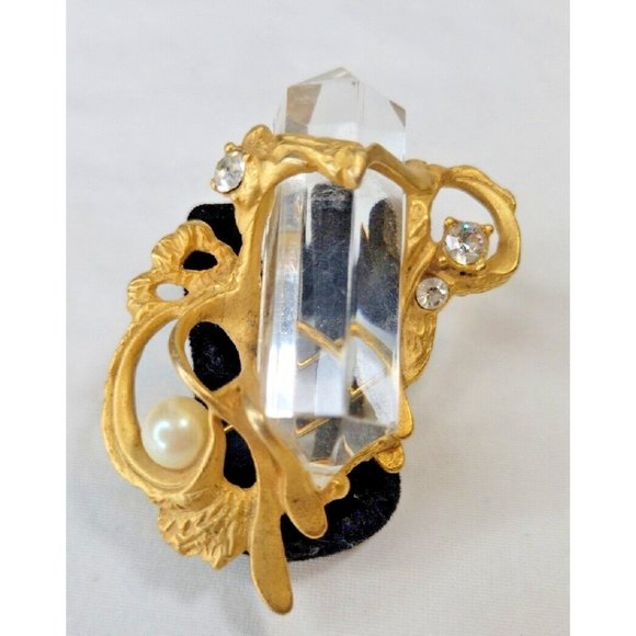 AJC Jewelry - A.J.C. Lucite Brushed Gold Tone Rhinestone Faux Pearl Brooch